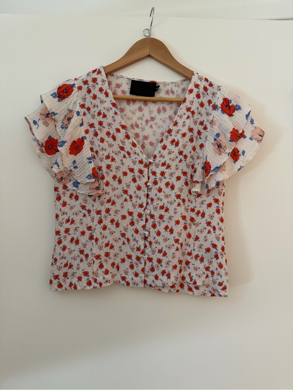No. 6 Floral V-Neck Flutter Sleeve Top - White with Red Floral